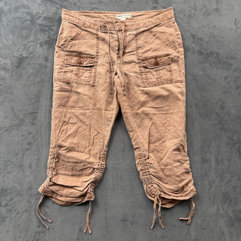 Tommy Jeans Brown Utility Capri Pants Ruched Drawstring Cargo Trousers Size 9